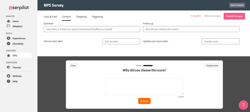 nps collection with userpilot