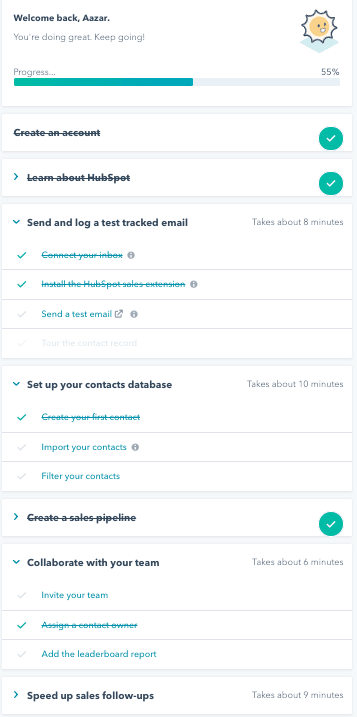 Hubspot onboarding checklist with progress bar