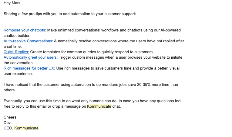 Kommunikate email to slipping away users