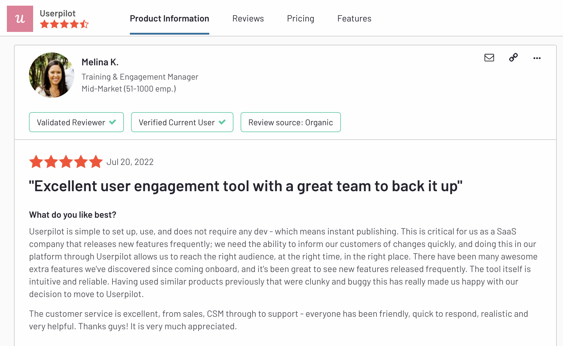 User feedback about Userpilot.