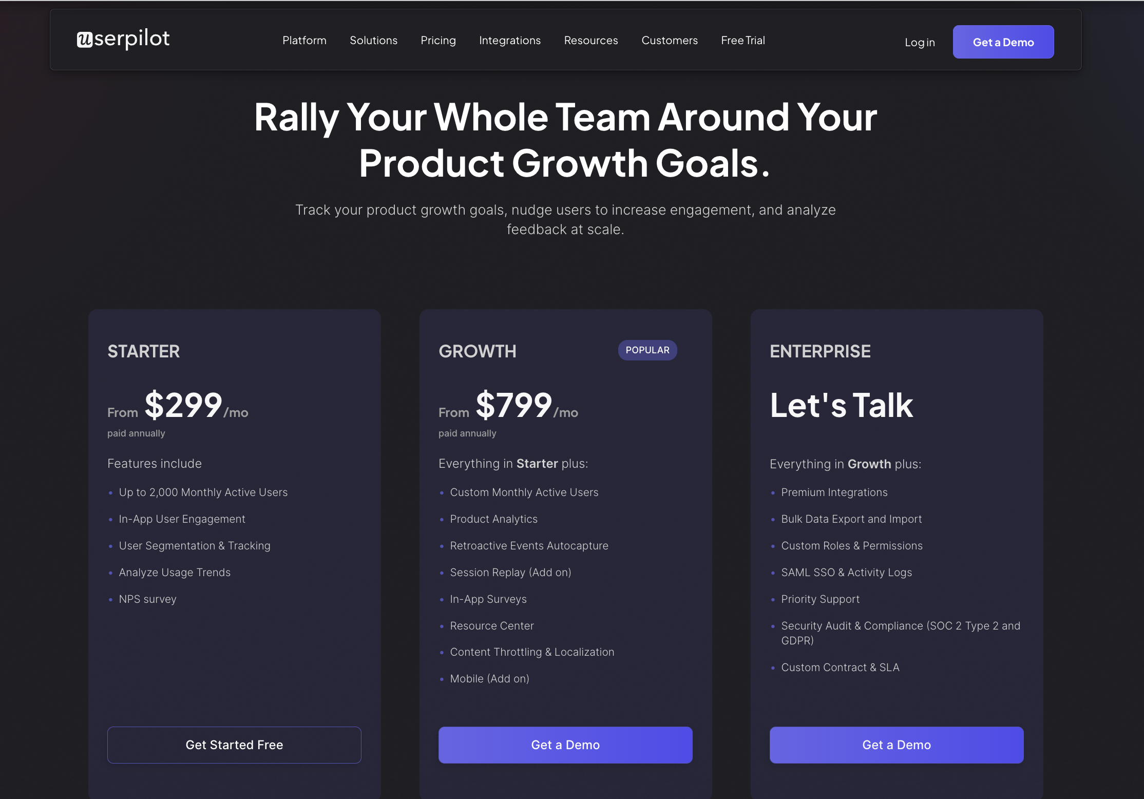 Userpilot pricing plans breakdown.