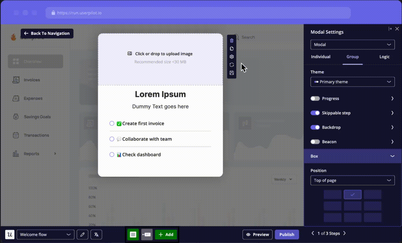 Creating a modal with Userpilot's no-code builder.