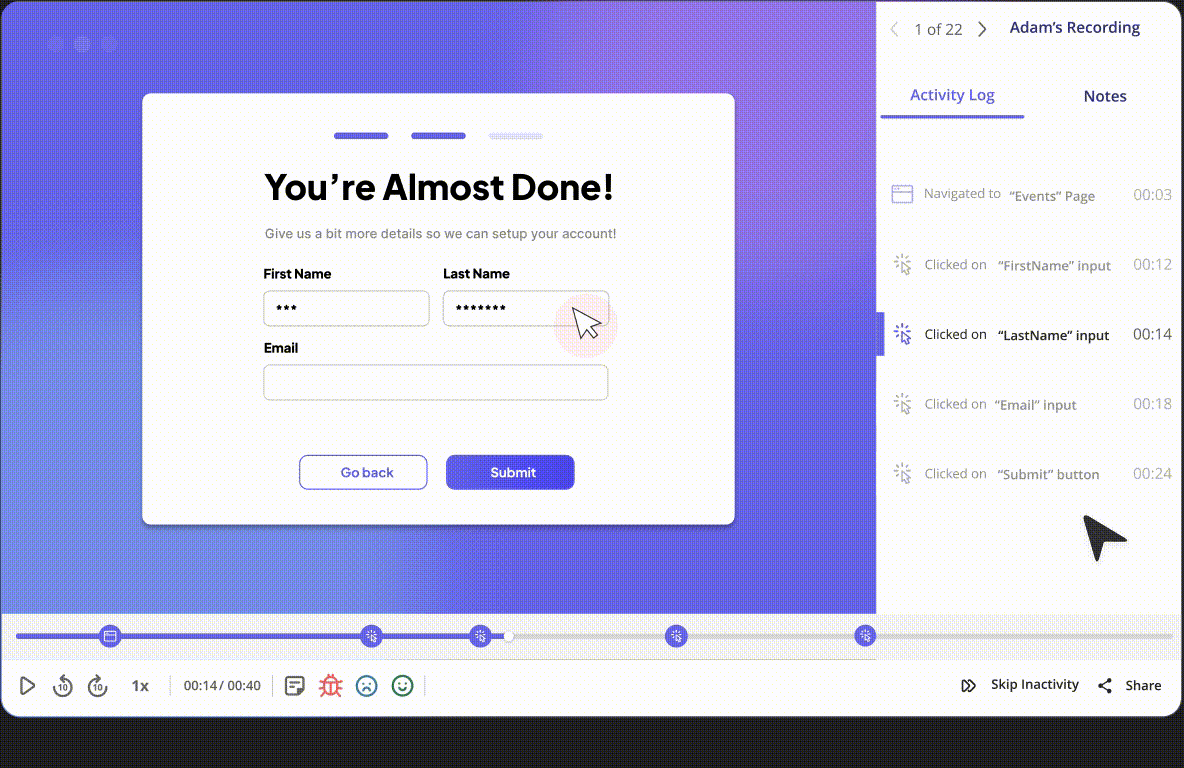 Checking the activity log of a session with Userpilot.