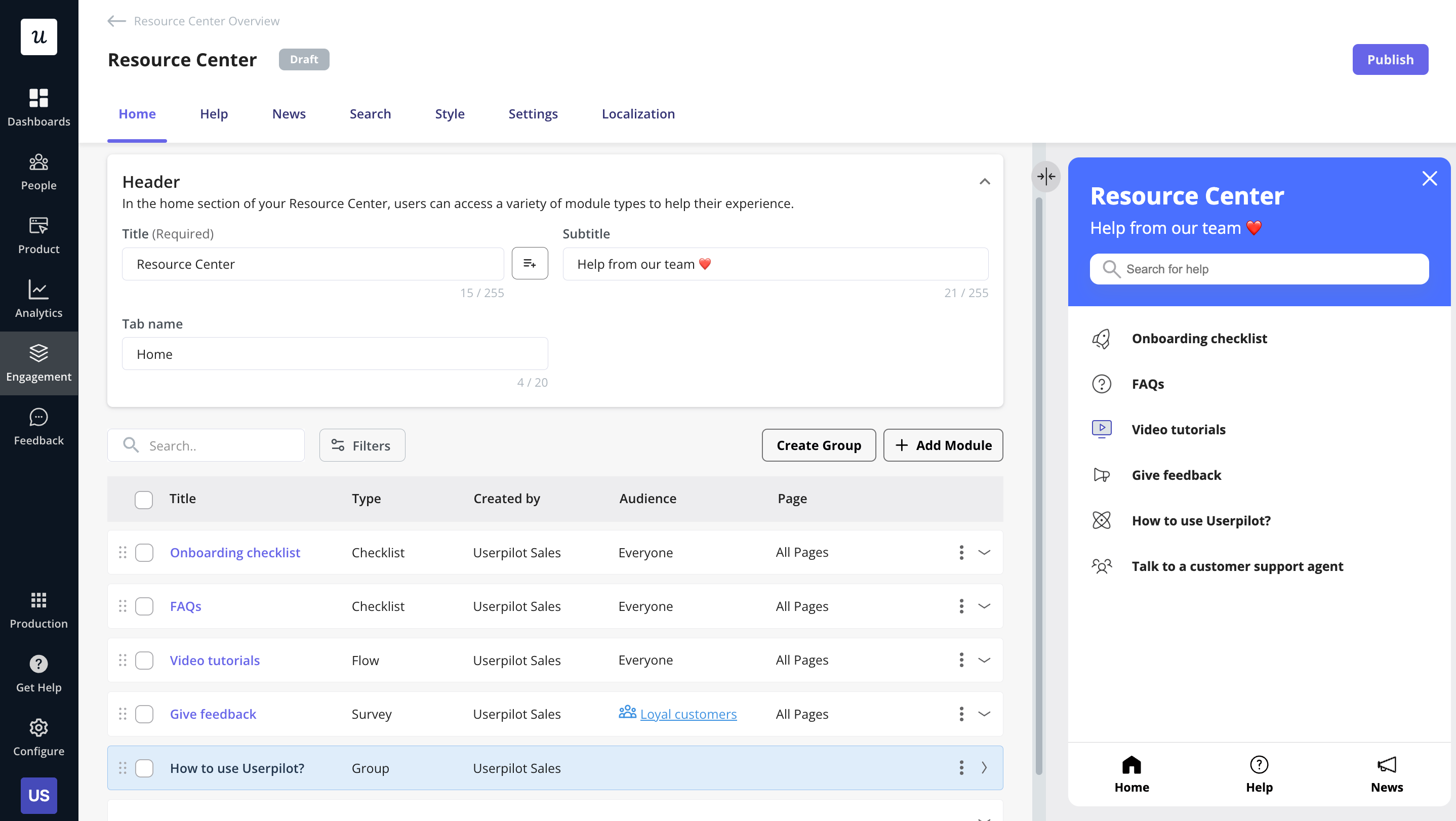 In-app help center built with Userpilot. Get a demo now and see how easily you can start offering in-app self-serve support.