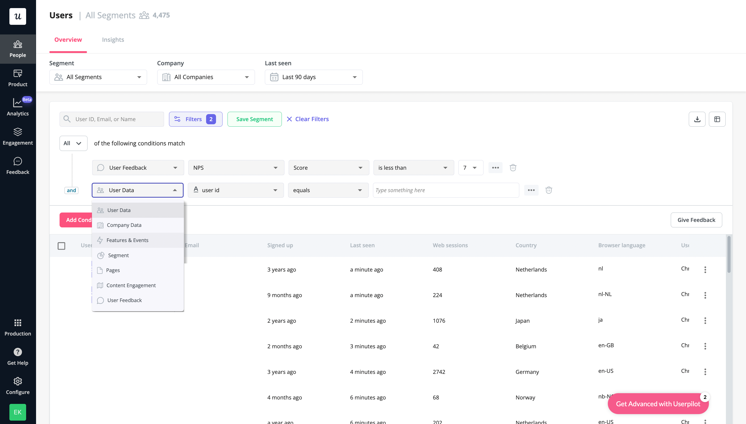 User segmentation in Userpilot.
