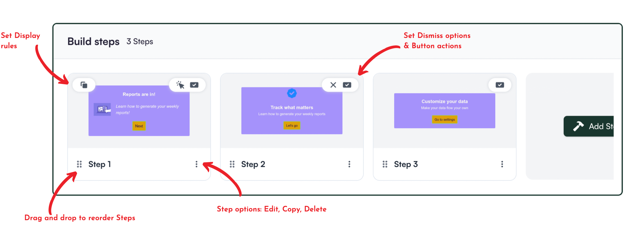 Chameleon product tour steps.