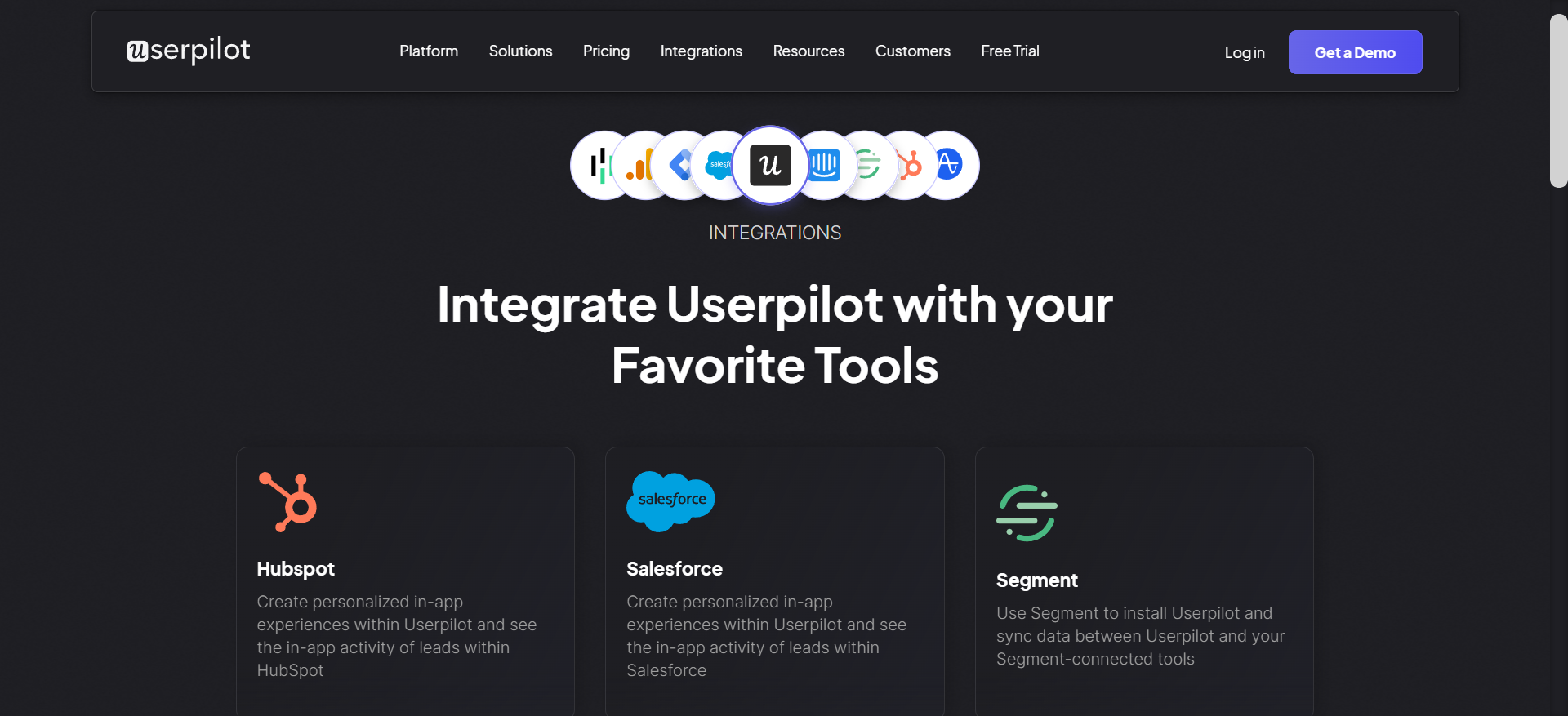 Userpilot integrations details site.