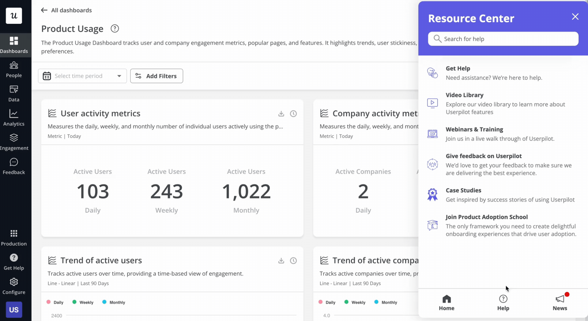 See how Userpilot organizes the information by features and support options