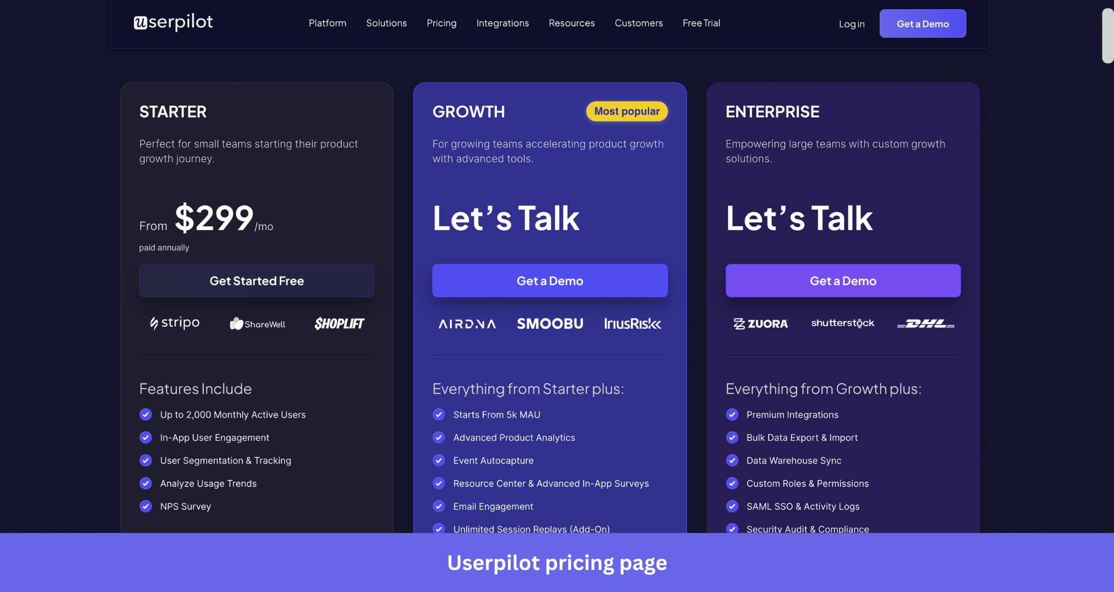Userpilot pricing showing the Starter, growth and enterprise plans.