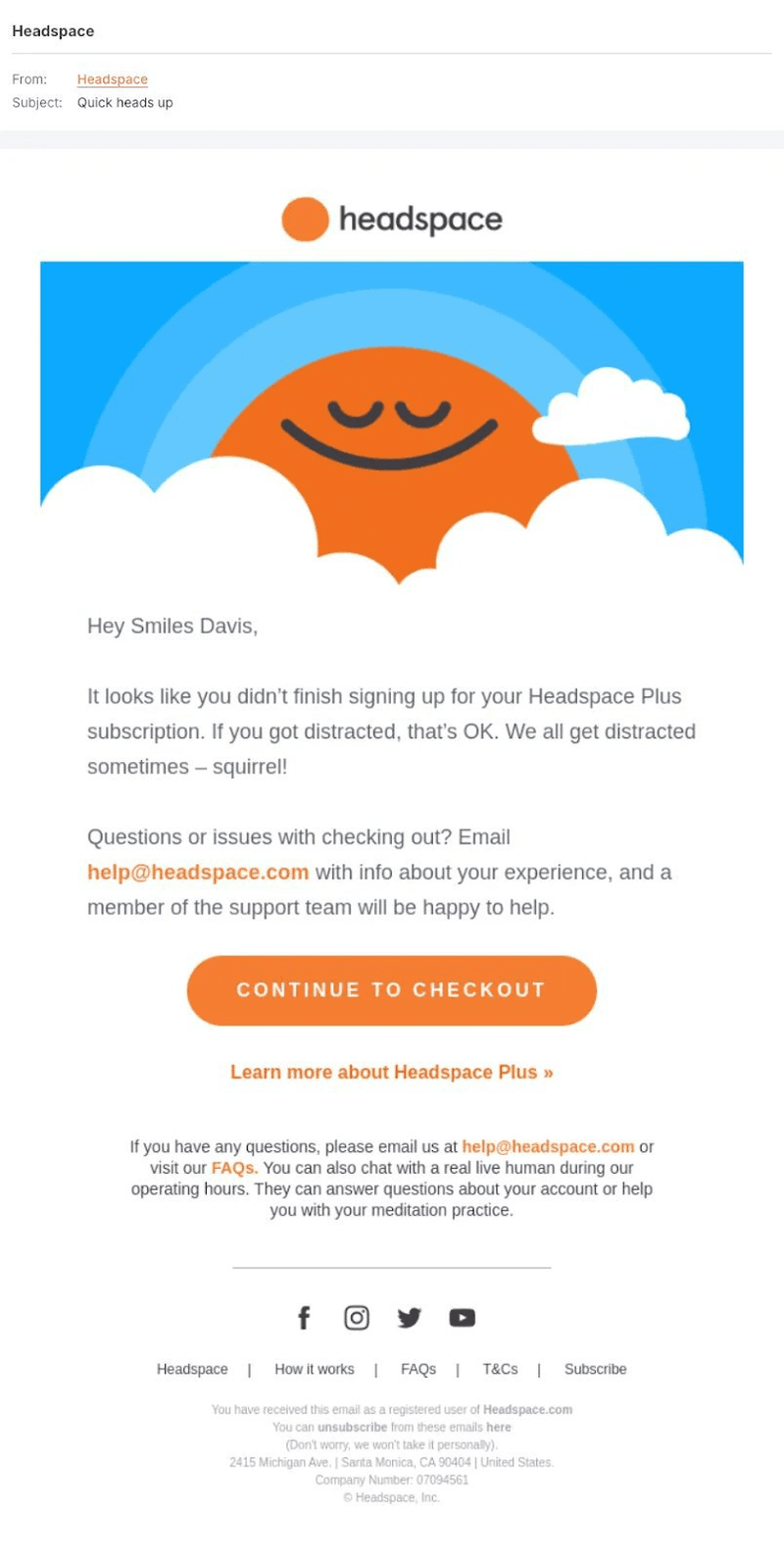 Headspace's friendly abandoned cart recovery PLG email campaign