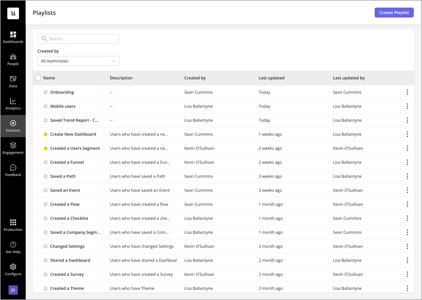 session playlists in userpilot