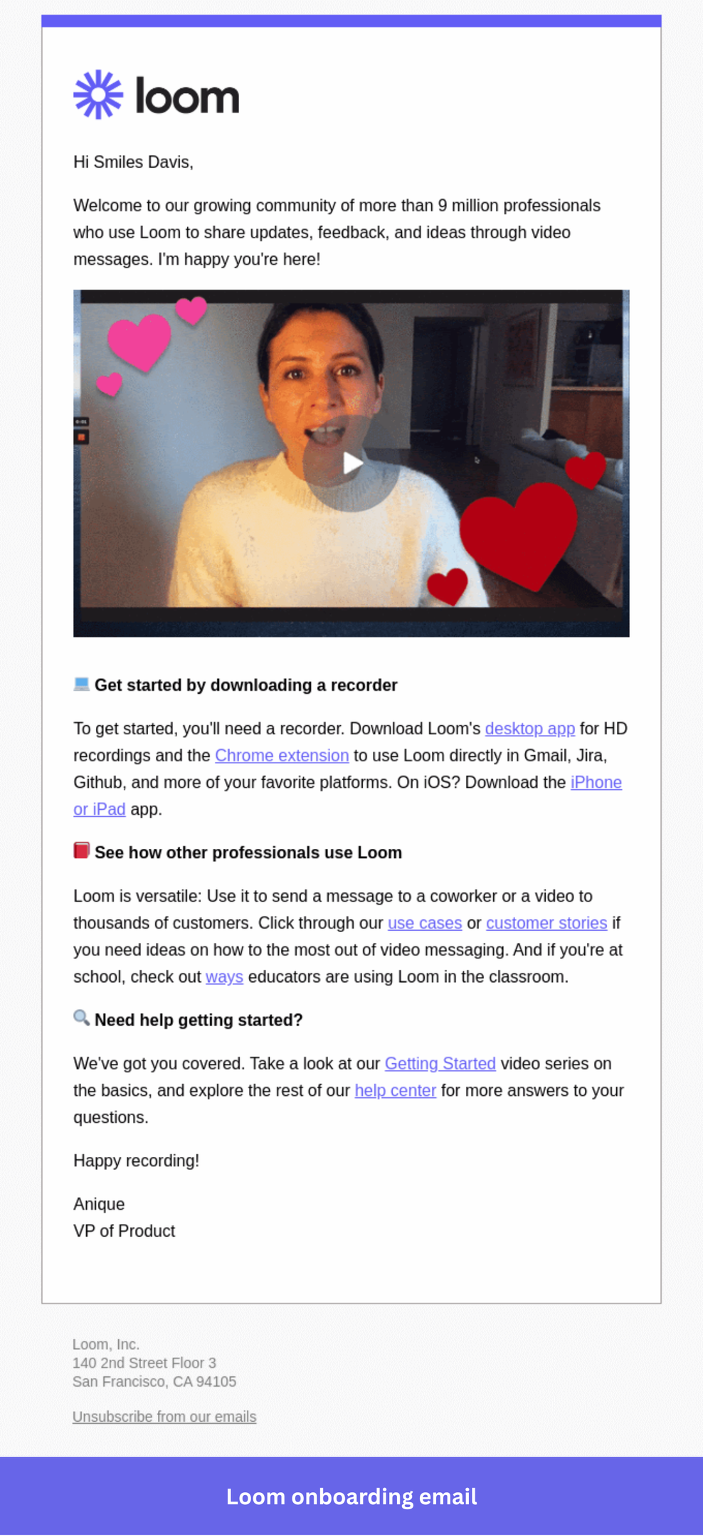 Loom welcome email with video intro