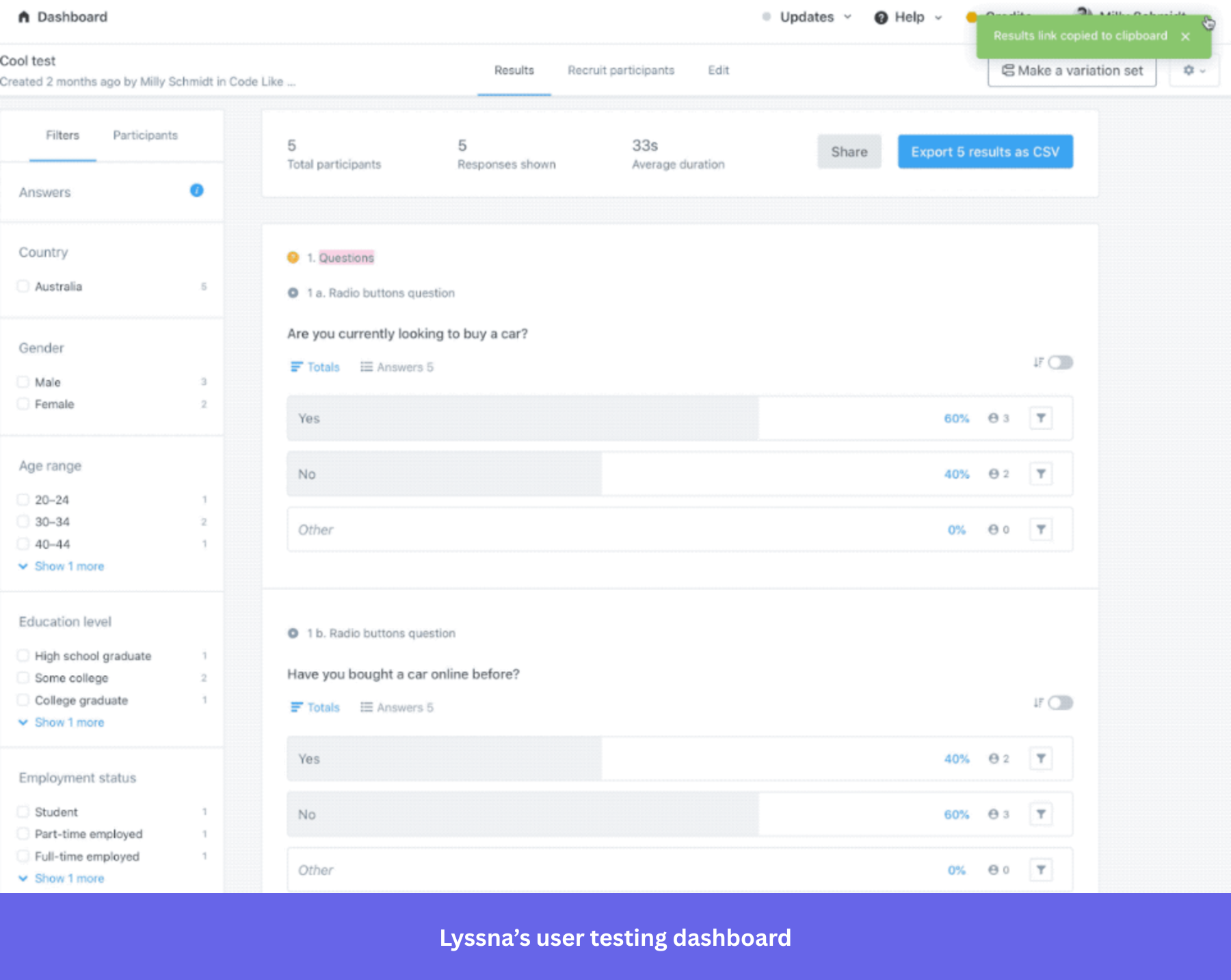 Lyssna user testing dashboard