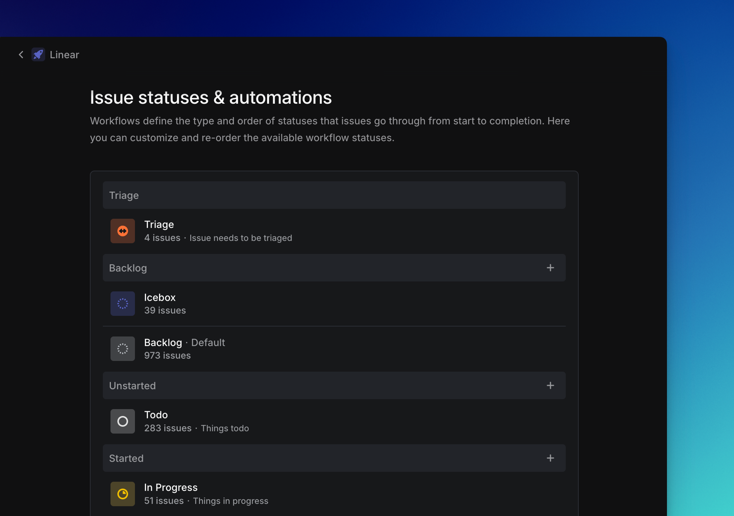 Linear's issue status settings, showing each workflow status with a fixed icon and color
